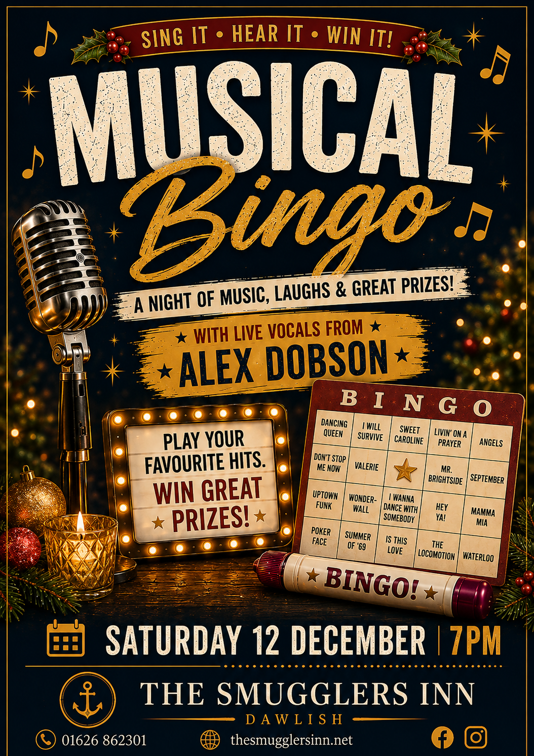 Musical Bingo with Alex Dobson - Saturday 12th December 7pm at The Smugglers Inn Dawlish