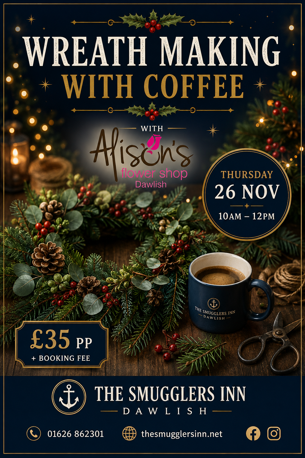 Wreath Making with Coffee at The Smugglers Inn - Thursday 26th November, 10am-12pm, £35pp