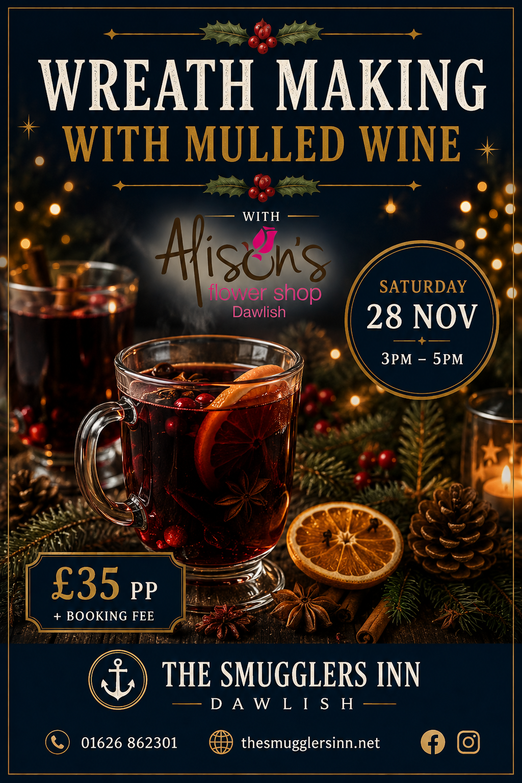 Wreath Making with Mulled Wine at The Smugglers Inn - Saturday 28th November, 3pm-5pm, £35pp